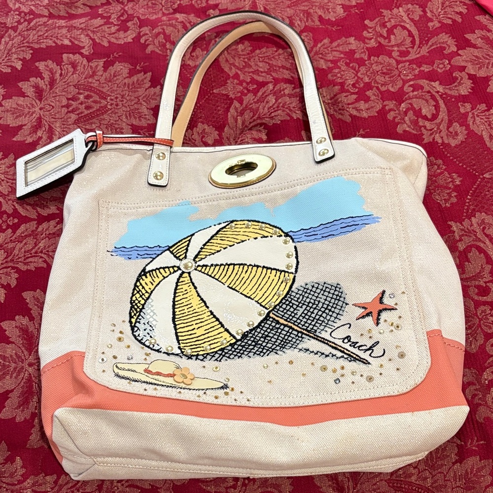 Authentic Vintage Rare Coach Beach Umbrella Tote - Cream and Orange dust bag